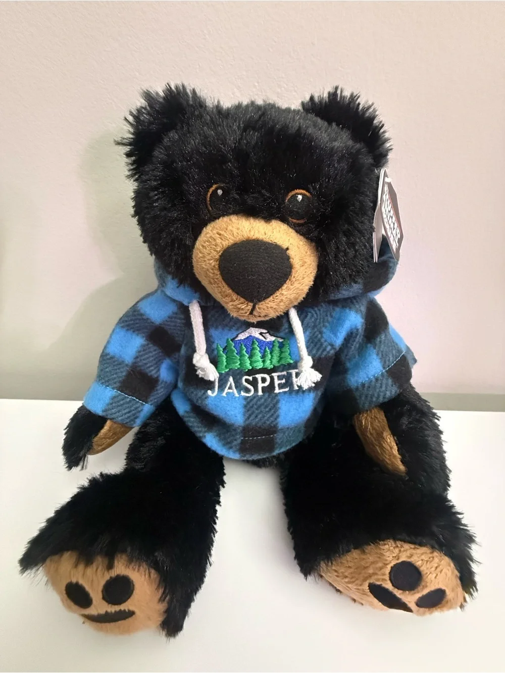 Stuffed Animal House Black Bear Plush Blue Plaid Hoodie Jasper Canada Souvenir
